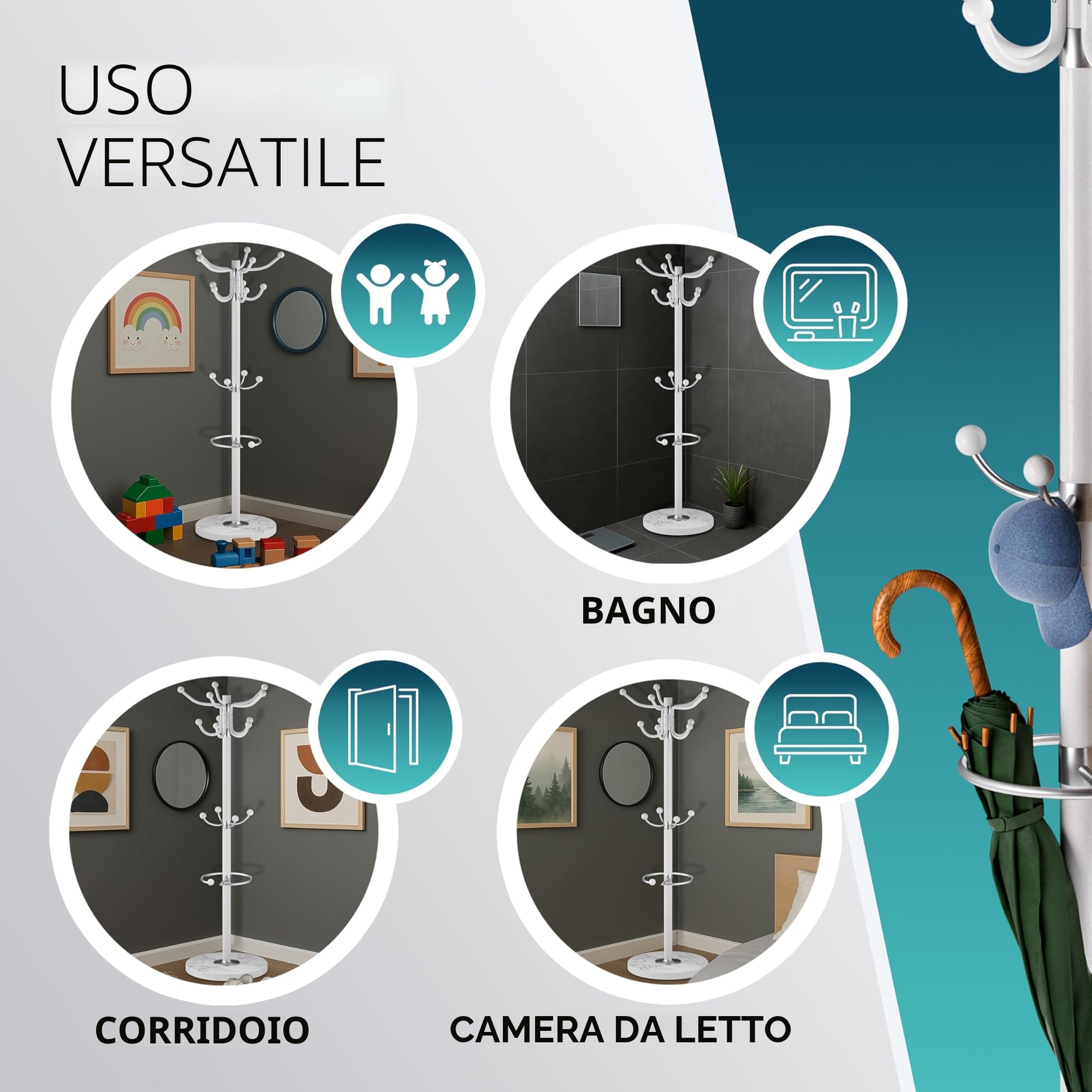 Casaria® Attaccapanni in Metallo con Base 14 Ganci Ruotabile 360° 37x37x175cm Corridoio Ufficio Appendiabiti Bianco