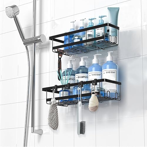 Miniatura 2 de Mycuppca Organizador de ducha, paquete de 2 organizadores adhesivos de ducha de baño, estantes de ducha negros con ganchos, estante de ducha de
