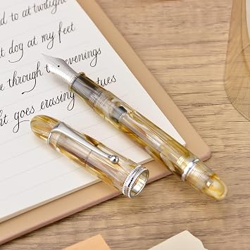 Asvine V800 Fountain Pen Vacuum Filling System with Large Ink Capacity Smooth Number 8 Medium Nib with Gift Case and Wrench- Brown White