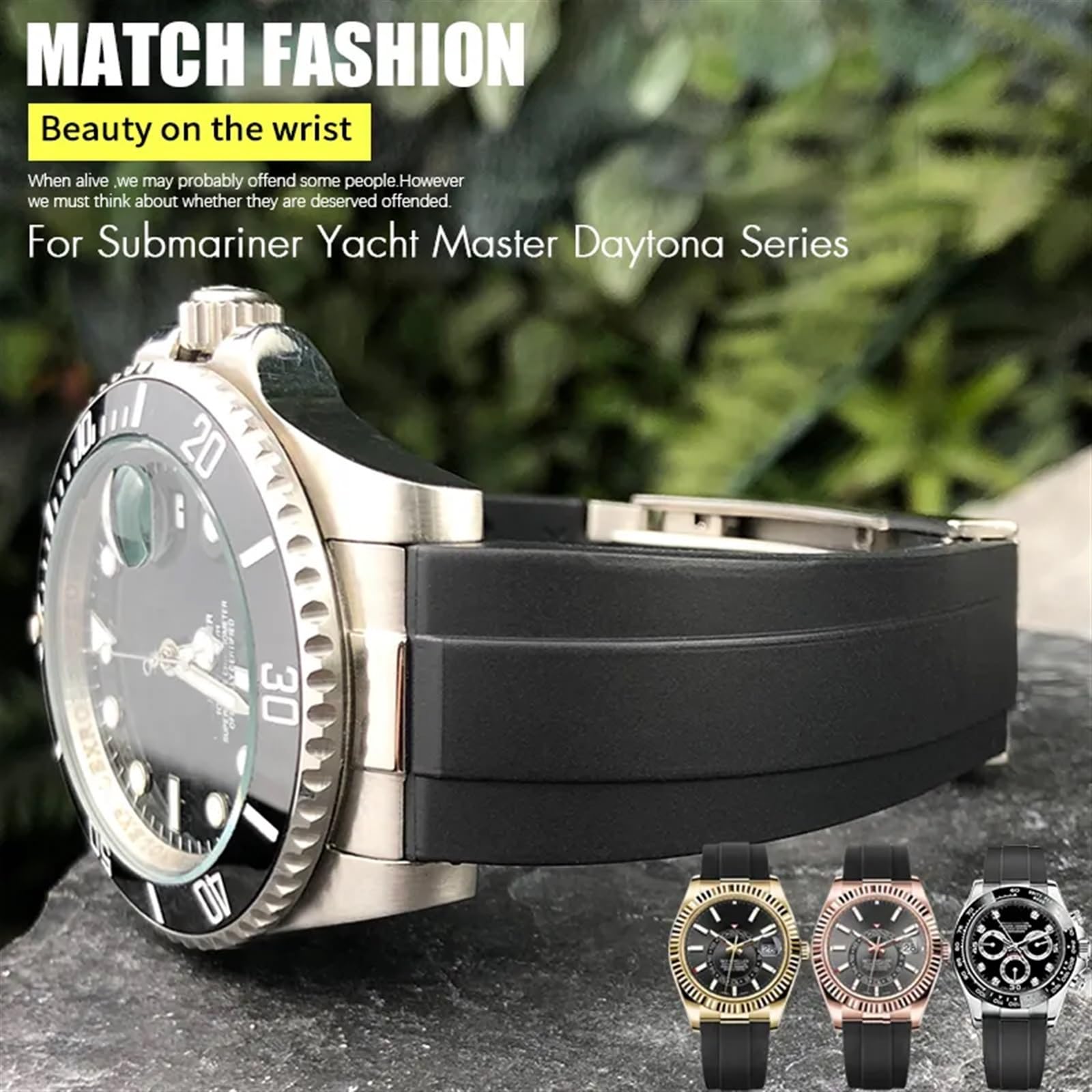 Cinturino per orologio in gomma con collegamento in metallo Cinturino sportivo da 20 mm per Rolex Daytona GMT Watch Yacht Master Submariner Cinturino verde alla moda