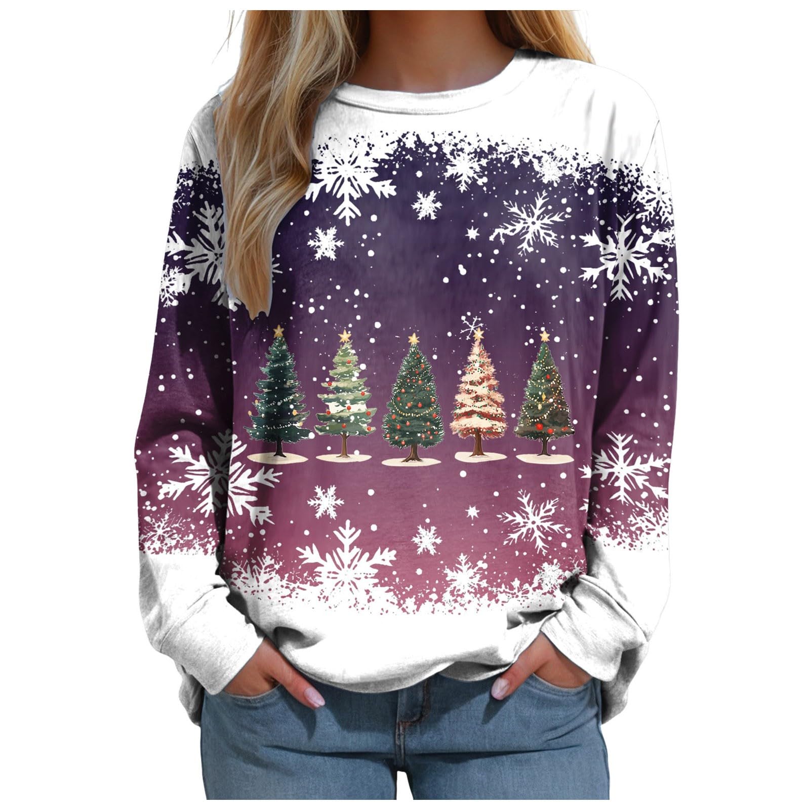 Damen Sweatshirt mit Taschen Sweatshirt für Damen Mädchen mit 3D Weihnachtsbaum Aufdruck.
