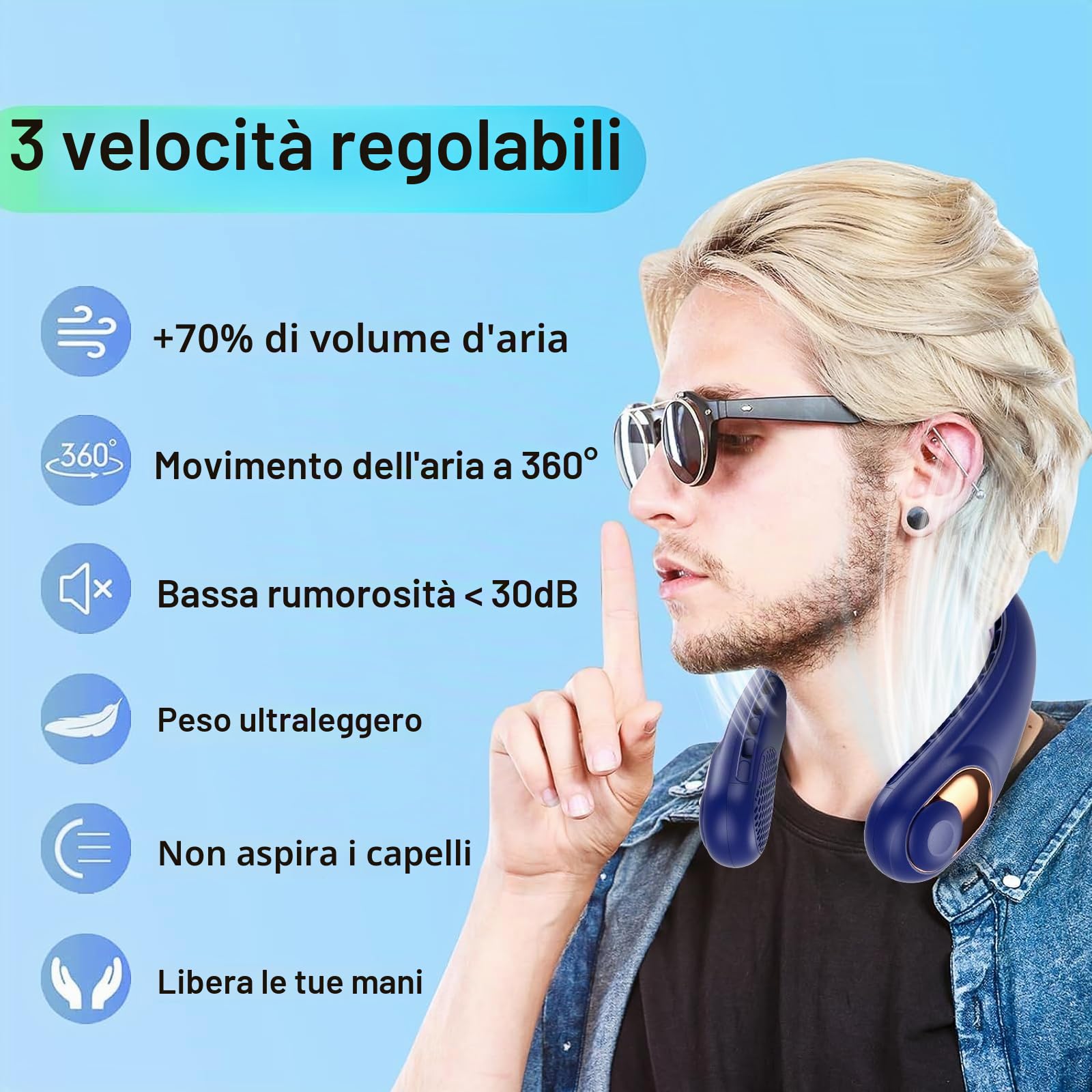 Ventilatore da collo, portatile, senza pale, con display a LED, flusso d'aria a 360°, batteria ricaricabile da 4000 mAh, super silenzioso, per interni ed esterni, blu reale
