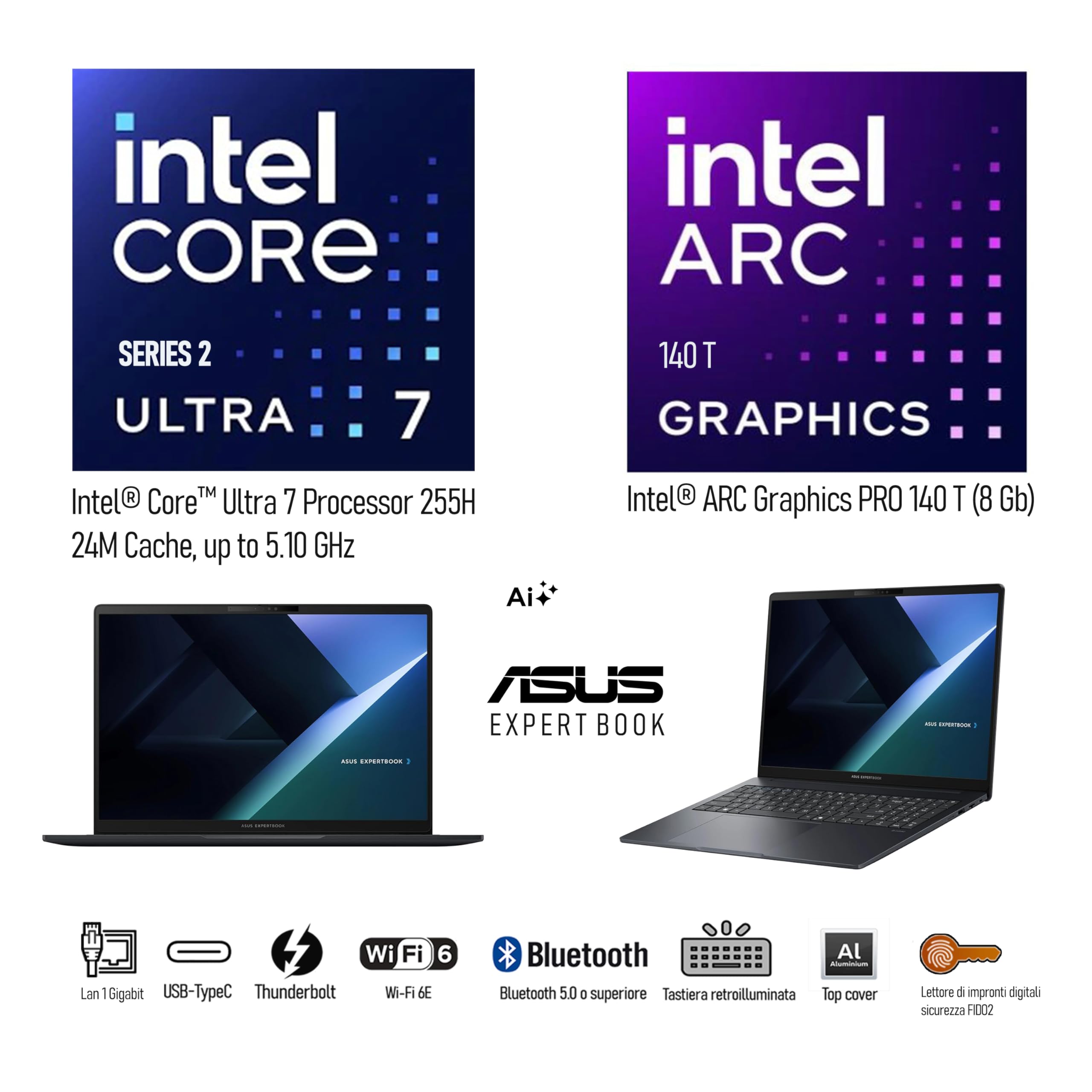 ASUS Notebook B3, Intel Ultra7 255H, Ram DDR5 32Gb, SSD Pci 1Tb, (2x512Gb) Display Ips 16" WUXGA, Intel Arc 140T 16Gb, Wi-FI 6, 2 Usb-C, lan Rj45, Tastiera retroilluminata, fingerprint, Ready to use - 4