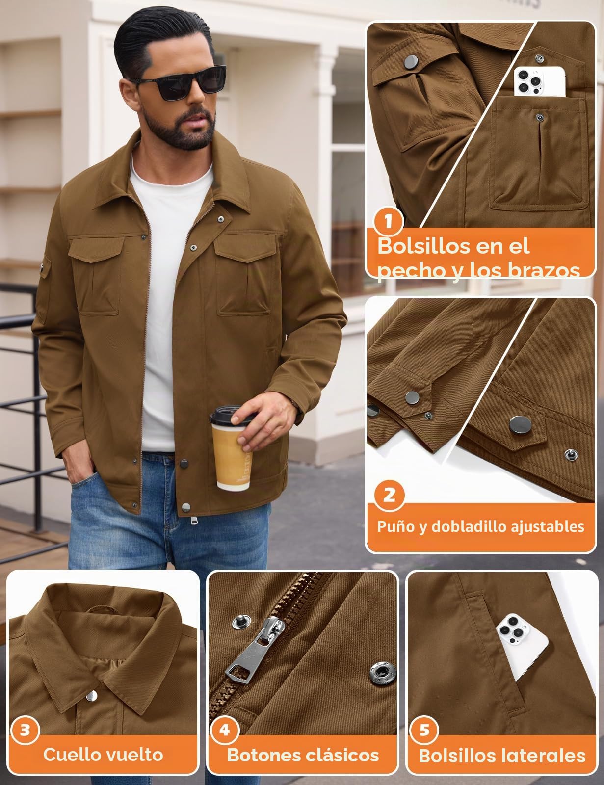 TOMEEK Chaqueta Hombre Entretiempo Casual Impermeable Botón Chaqueta de Aviador Cargo Clásico Primavera Verano Cazadora Ligera con Múltiples Bolsillos