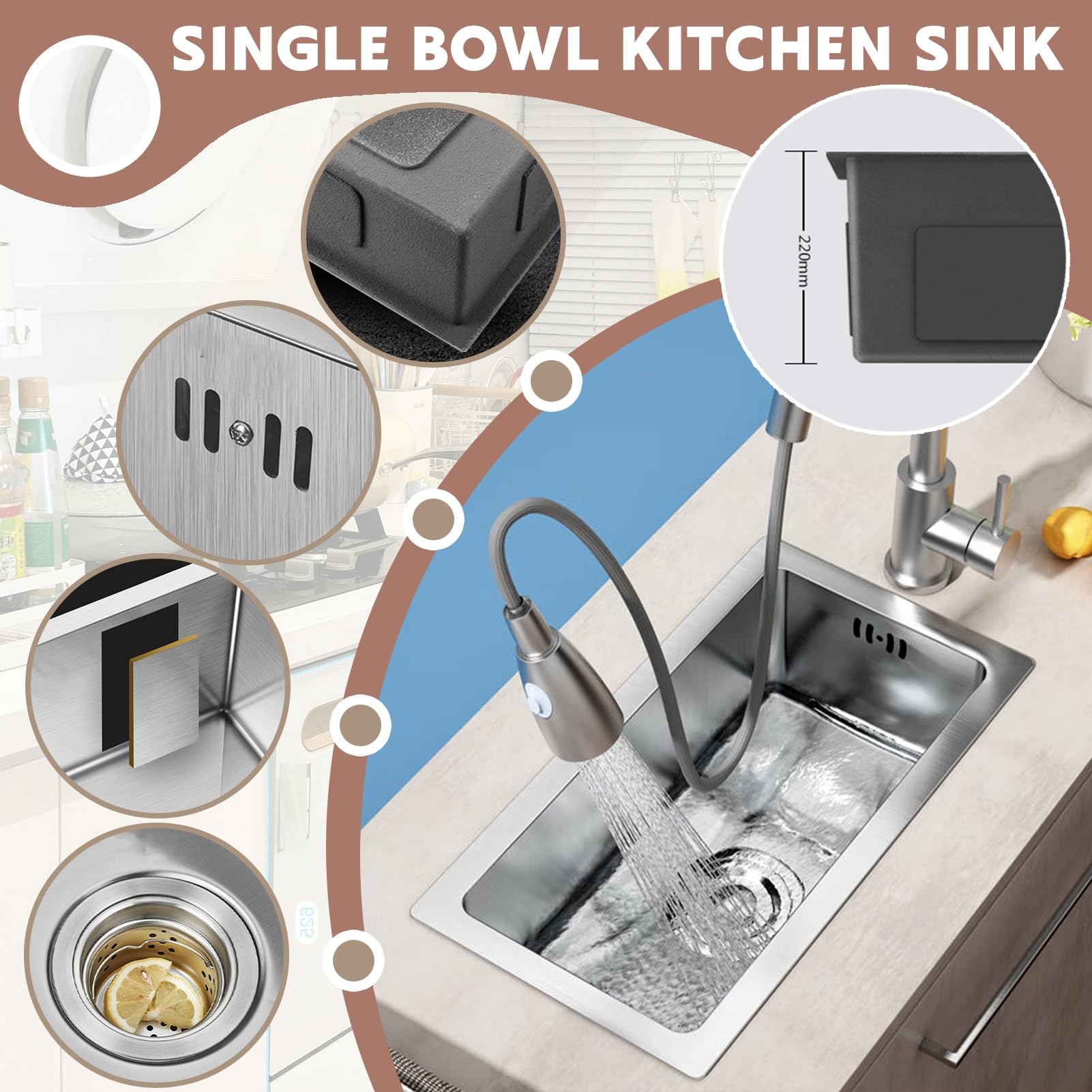 Lavello da Incasso Quadrato in Acciaio Inox, Vasca Singola, lavello Compatto per Piccole cucine, salvaspazio, Superficie con Rivestimento Nano con Kit di Scarico (Argento, 55x40 cm)