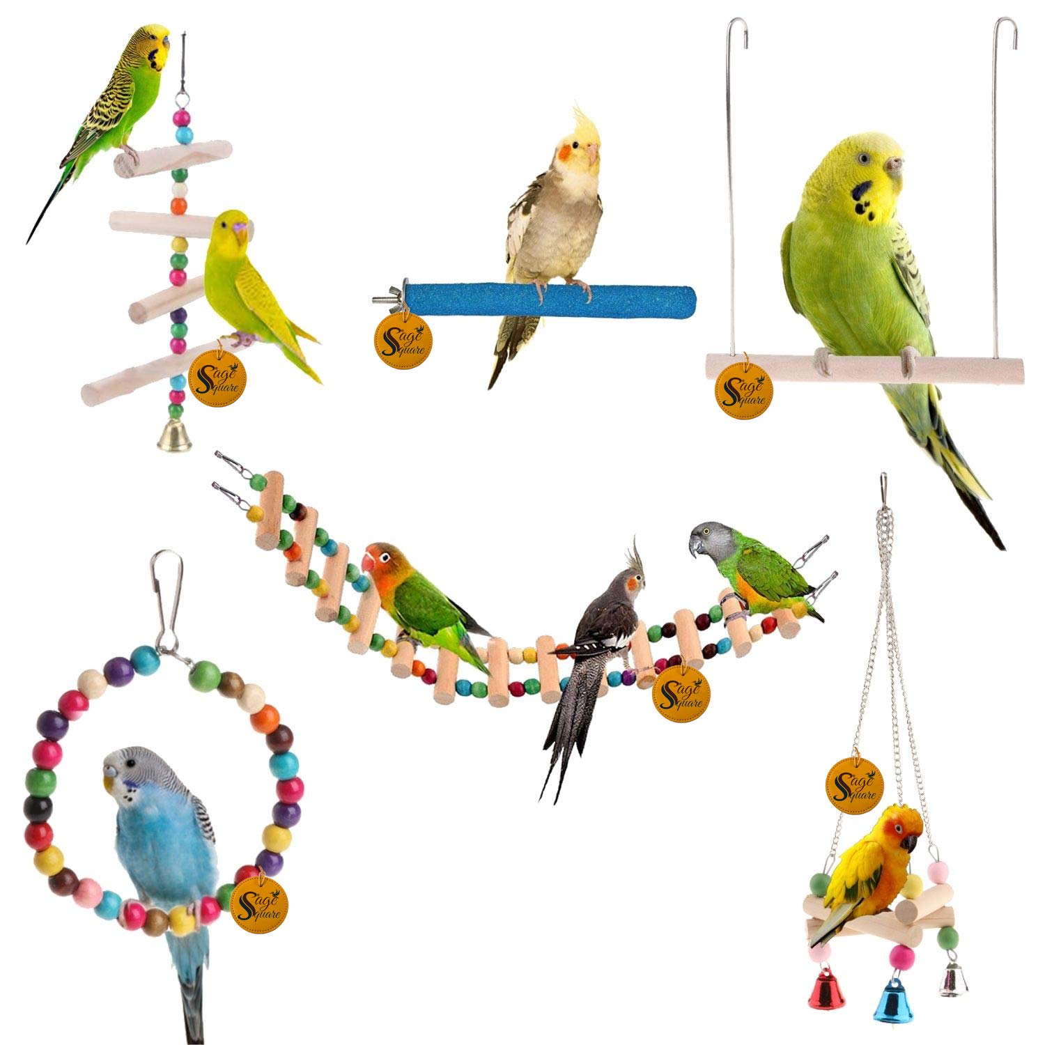 Sage Square Wooden Bird Toys Combo | Ladder, Sand Perch, Swing, Hanging Cage Accessory | for Budgie, Parrot, Cockatiel, Parakeet, Conure, Macaw etc (B092Q6R7S2) Amazon Price History, Amazon Price Tracker