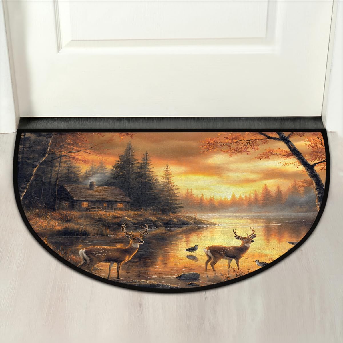 Half Round Door Mat Sunset Fall Deer Non Slip Absorbent Semi Circle Area Rugs Washable Half Moon Floor Mats for Indoor Outdoor Patio Kitchen Bathroom Entryway Fireplace Home Carpet Decor