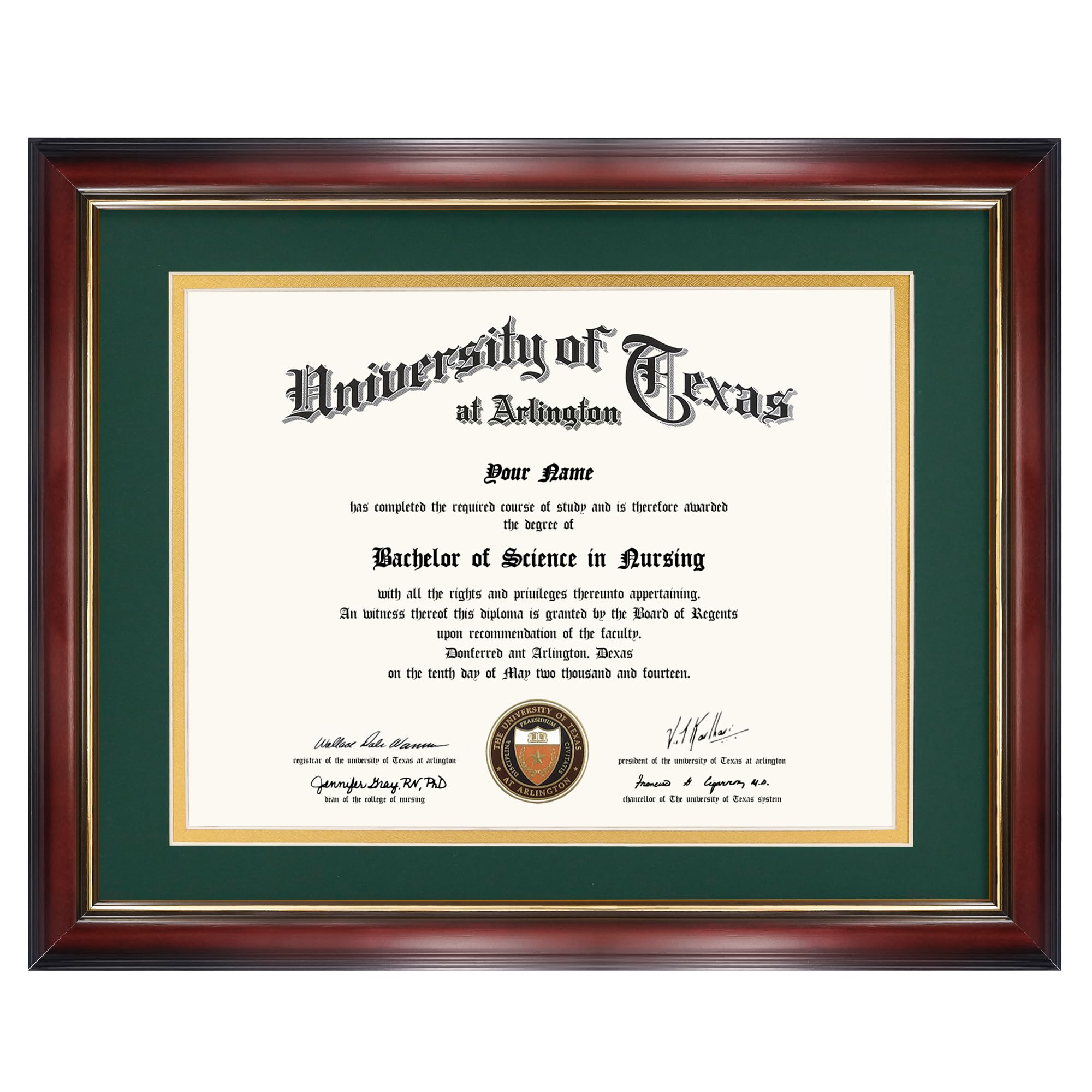 GraduationMall 8.5x11 Diploma Frame with Green over Gold Mat or Display 11x14 Certificate without Mat,Solid Wood & UV Protection Acrylic,Cherry Finish with Gold Trim