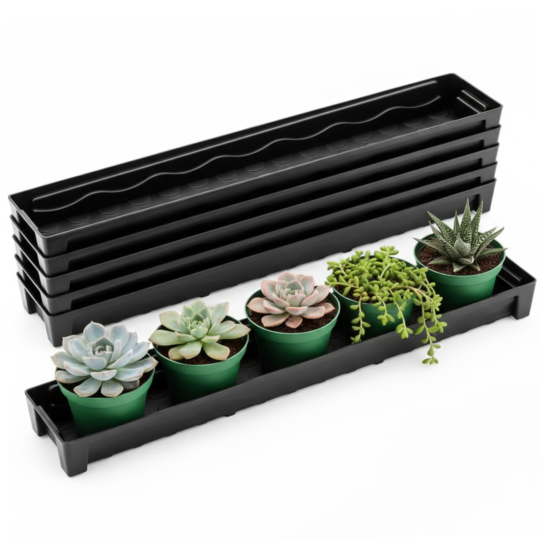 Tsawntd Plant Tray, Slim Plastic Plant Saucer with Drain Plug for Windowsill, Set of 5 Rectangular Drip Trays for Small Pots and Succulents, Black