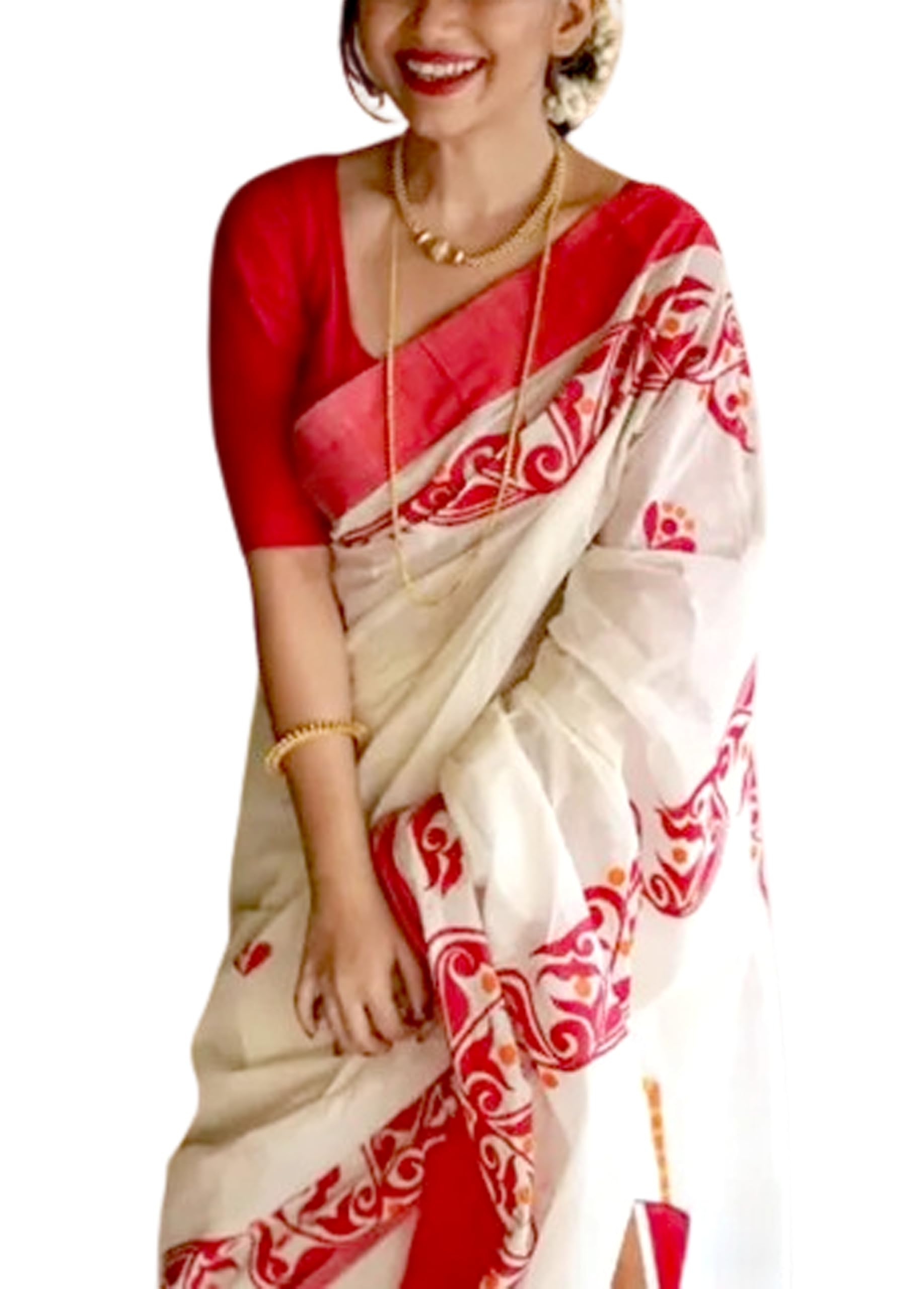 Jolly Durga Cotton Puja Saree - White Red-image-26