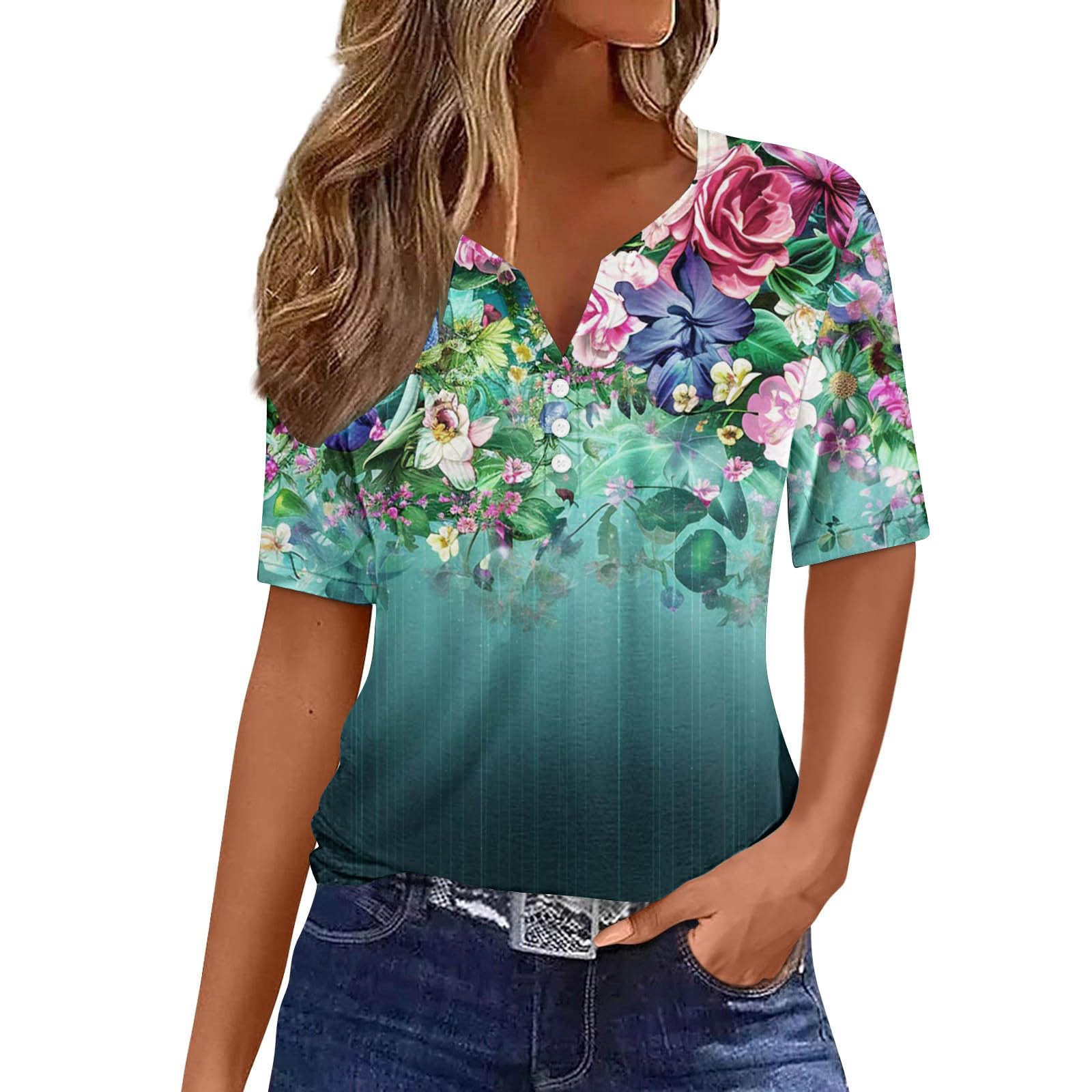 HAOLEI Camisetas Manga Corta Mujer Casual Casual Blusa de Cuello en V con Botones Suelto Colorido Estampados Camiseta Mujer Elegant Moda Camiseta Muticolor Blusas Primavera Verano 2024 Tops
