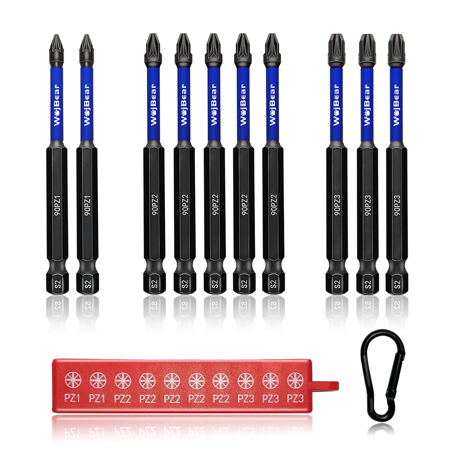 WojBear 10Pcs PZ1*2 PZ2*5 PZ3*3 Magnetic Impact Driver Bits, 90 mm Long Magnetic Pozidriv Screwdriver Bits