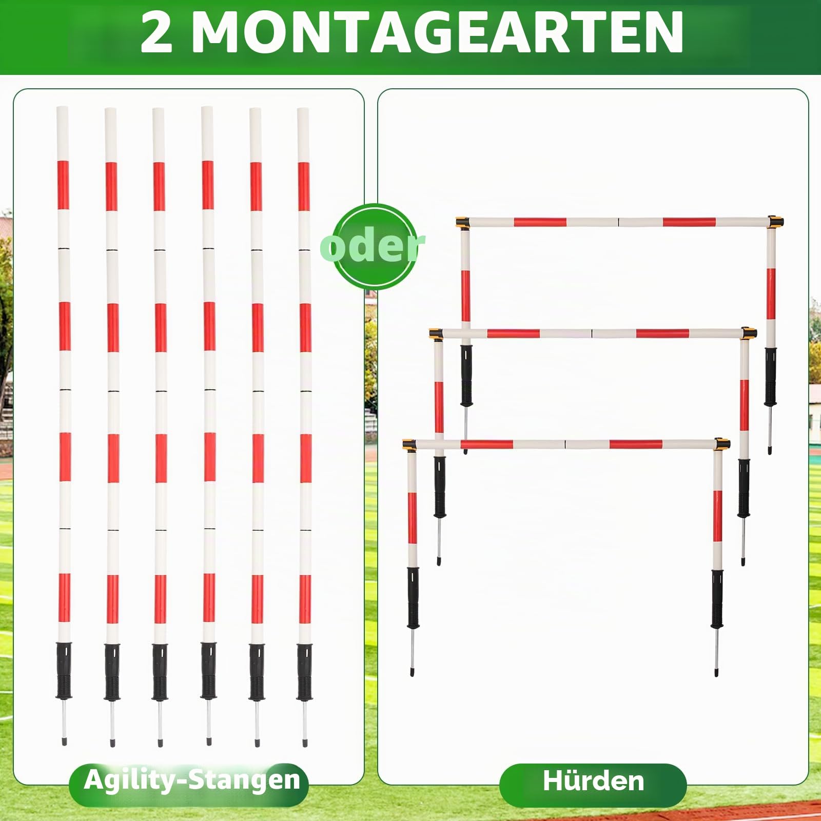 Slalomstangen Fussball Trainingsset Slalom Poles 6 Slalom Stangen mit Tasche, 6 Agility-Stöcke mit Feder, 3 Horizontale Stöcke für Koordinationstraining, Slalom, Fußball, Hundesport