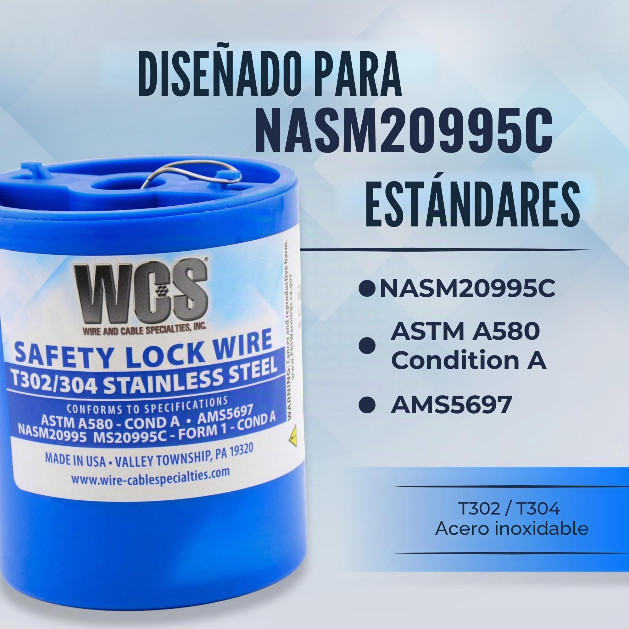 Cable de bloqueo, acero inoxidable, T302/304, NASM20995, MS20995C, ASTM A580 Cond A, AMS5697, 032 pulgadas (0,81 mm), lata dispensadora de 1 libra, aprox. 110 m