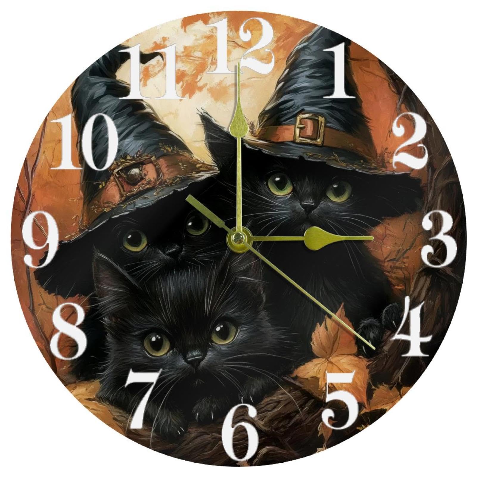 Horloge murale silencieuse chat noir pour cuisine et bureau au design automnal féerique
