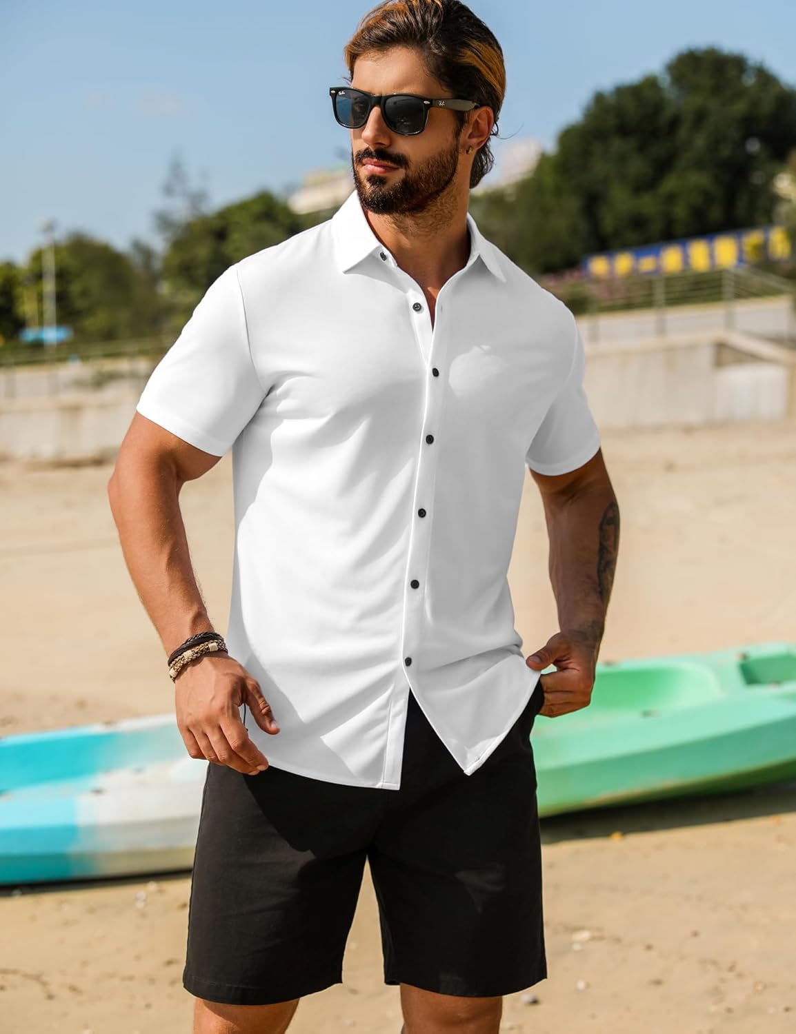URRU Men's Muscle Dress Shirts Short Sleeve Stretch Casual Button Down Shirts Wrinkle Free Slim Fit Dress Shirt for Men - Image 3