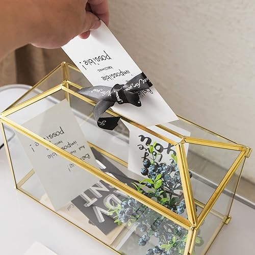 Miniatura 4 de Giadun Caja de Tarjetas de Boda de Cristal con Ranura, Caja de Tarjetas Transparente Grande de 12.6 Pulgadas de Latón Dorado con Cerradura para