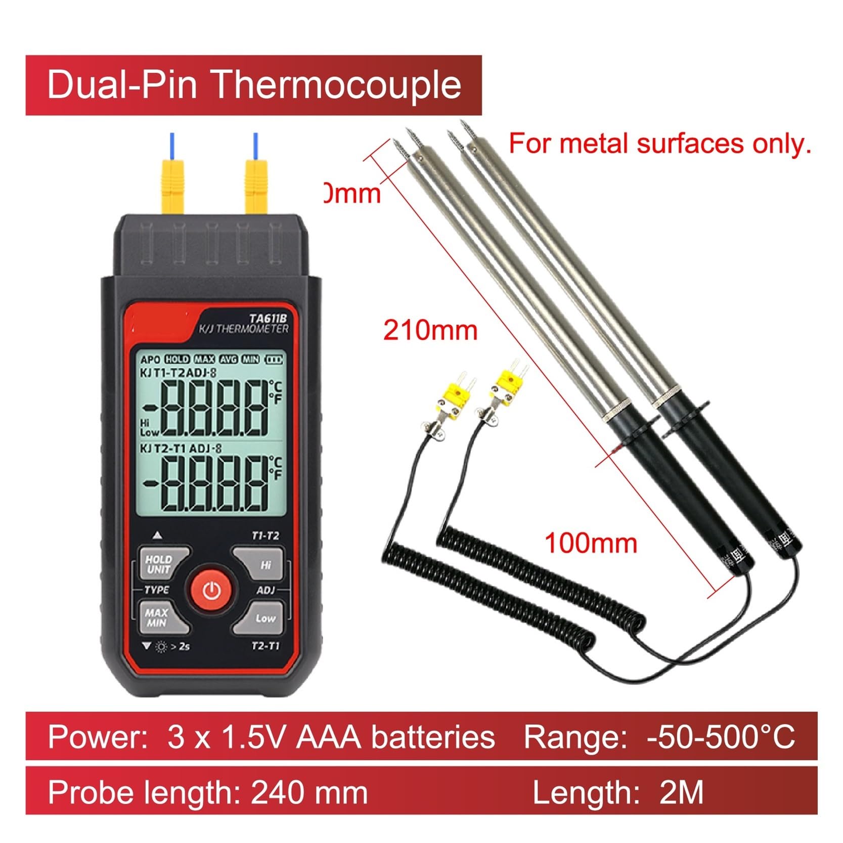 Thermomètre thermocouple double canal type K TA611B, thermomètre numérique de haute précision for la mesure des liquides et suaces(Dual-Pin TC)
