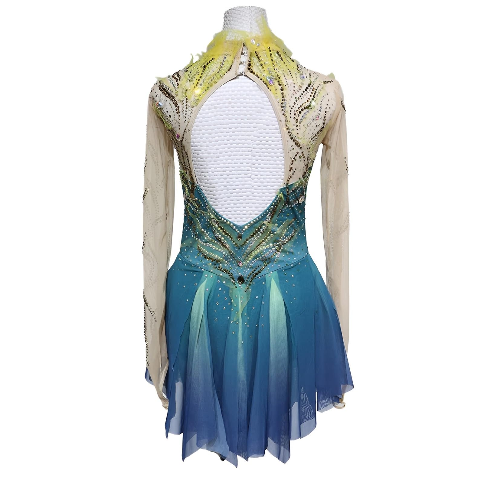 Girl's Figure Skating Dress with Rhinestone, Long Sleeves High Elasticity Ice Skating Dresses for Competition(XL) Blue