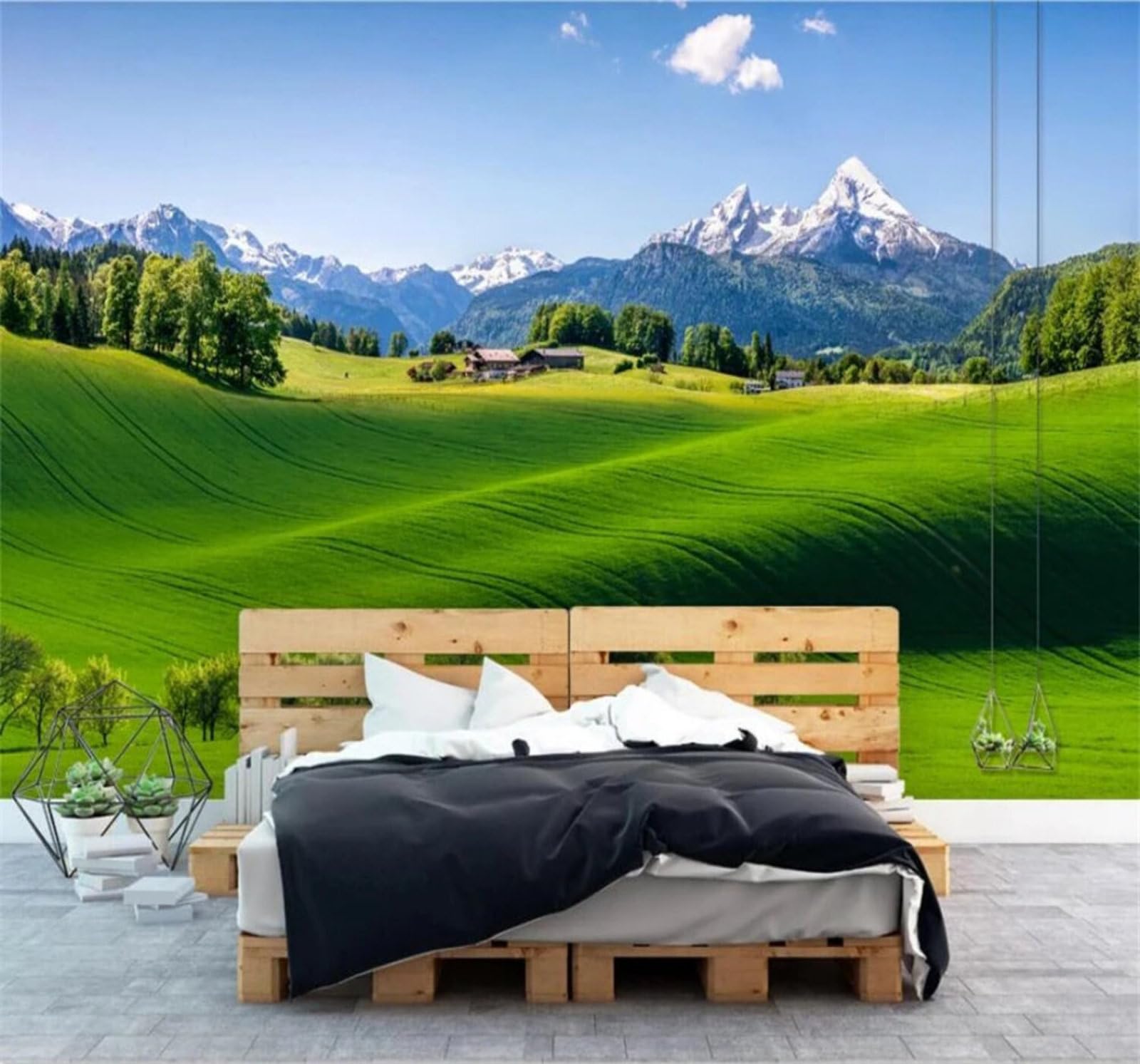 Xlming 400Cm×280Cm(B×H) Fresh Green Grass Snow Capped Mountains Landscape 3D Wallpaper Luxury Home Dining Decor Paste Sofa Living Room The Wall For Bedroom Mural-400Cm×280Cm
