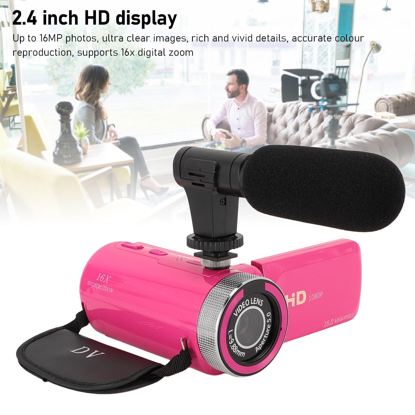 Kamera Wideo, Cyfrowy Aparat do Nagrywania Ekranu, Full HD 1080P 15FPS 16MP 2,4 Cala, Obrót o 270 Stopni LCD, 16-krotny Zoom Cyfrowy Kamera z Mikrofonem i Akumulatorem 1020 MAh