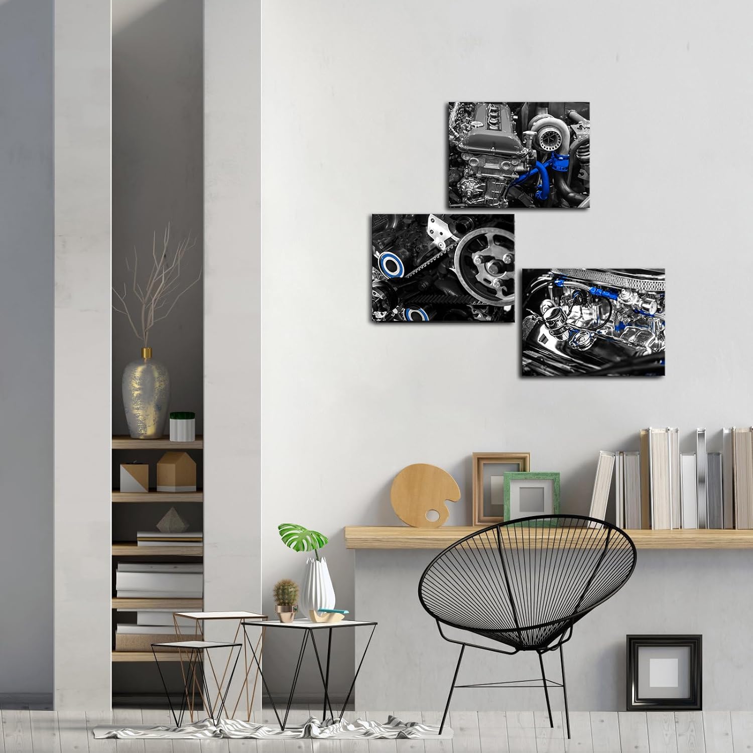 FuShvre Car Engine Wall Art Automotive Wall Decor Industrial Picture Prints on Canvas for Man Cave Office Decoration Black and Blue 16"x12" Each