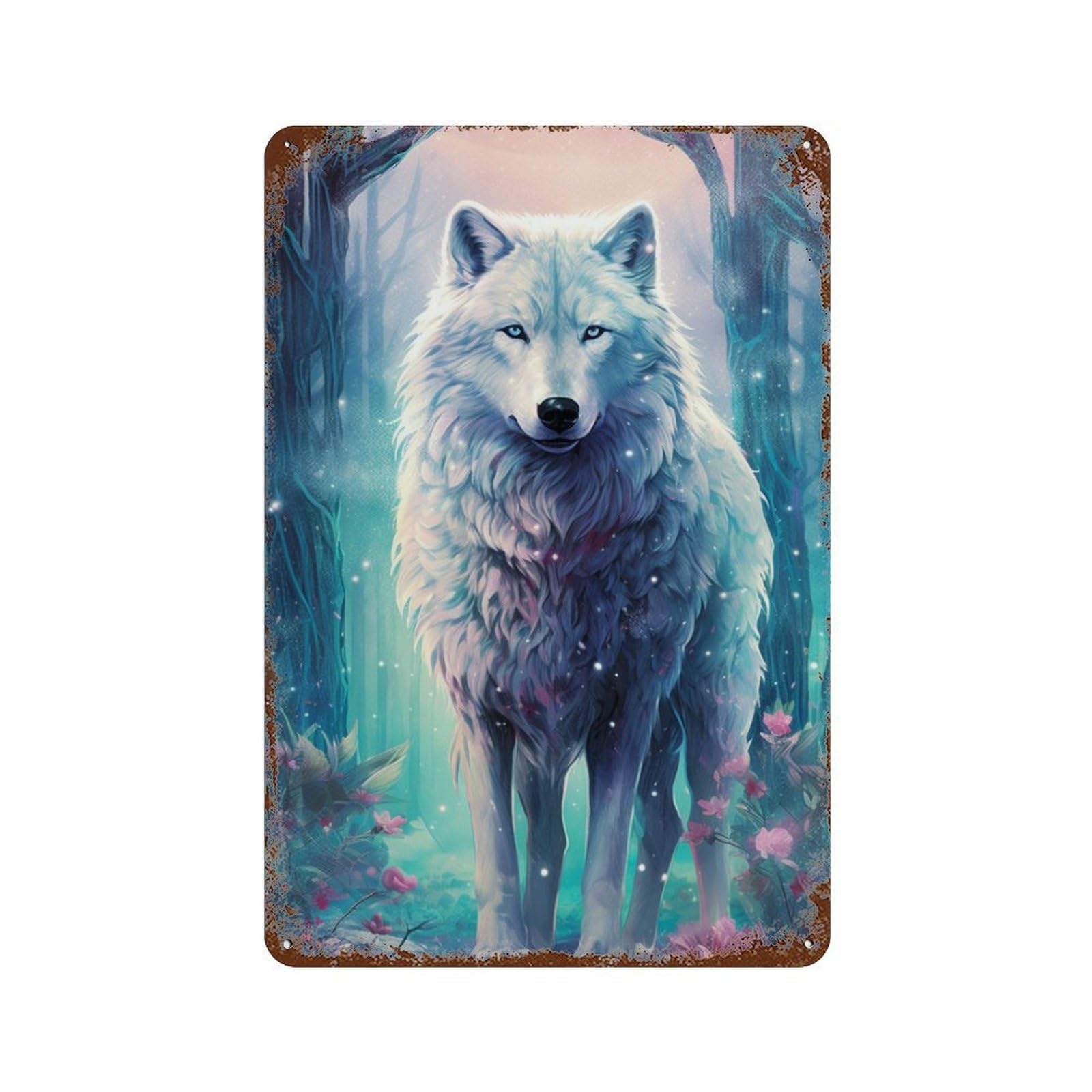 Garage Style Fairy Tale Wolf Fantasy Art Print Rust Effect Tin Sign 11.8"x7.9", Classic Wall Plaque for Bar And Workshop
