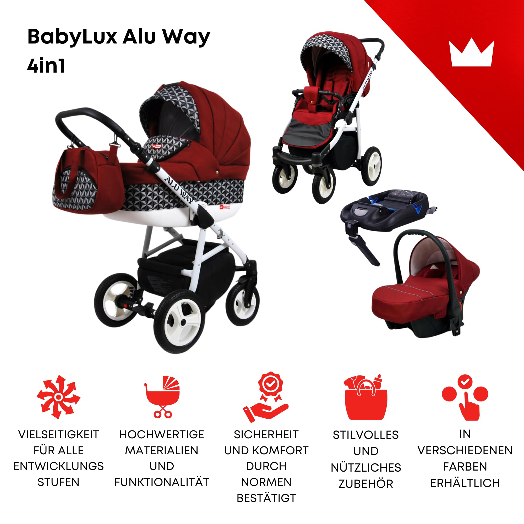 BabyLux® Kinderwagen Set 4 in 1 - Alu Way - incl. Babywanne, Buggy Sportsitz, Auto-Babyschale, ISOFIX-Basisstation - Autositz - Kinderwagenset - Kombikinderwagen mit Wickeltasche usw.