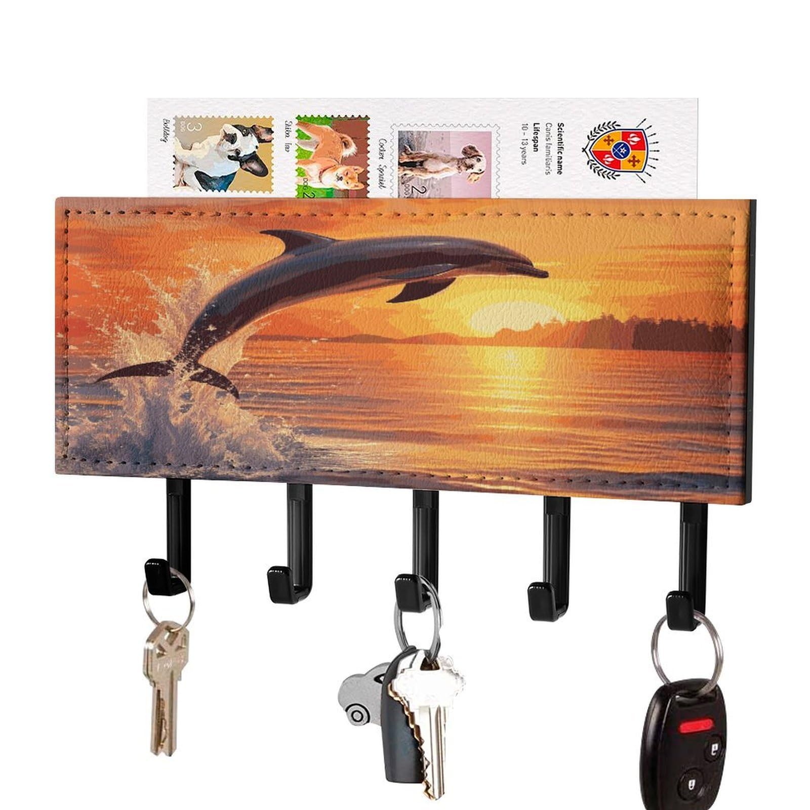 Fekiloot Black-Style Sunset Dolphin Key Holder Wall Mount Decorative Key And Mail Holder Pu Key Rack With 5 Hooks Key Hanger Organizer Decorative Home Decor For Wall For Entryway Office Living Room