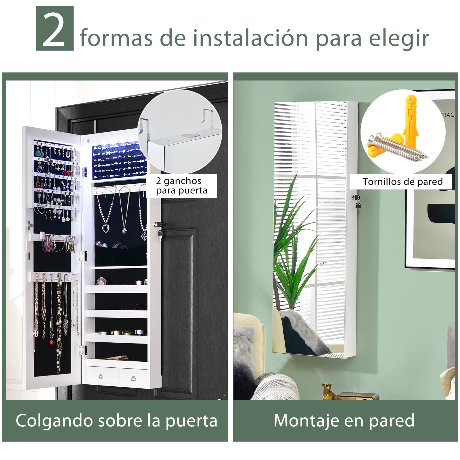 COSTWAY Armario con Espejo Joyero, Puerta LED y 2 Cajones, Cuerpo Entero para Dormitorio (Blanco)