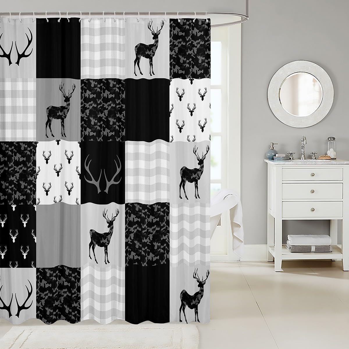 Manfei Camo Deer Shower Curtain - Black Grey Camouflage for Kids Boys Teens Bathroom - Wild Animal Reindeer Antlers Print Waterproof Bath Curtain With 12 Hooks - Suits for Bathtub, 72" W x 84" L