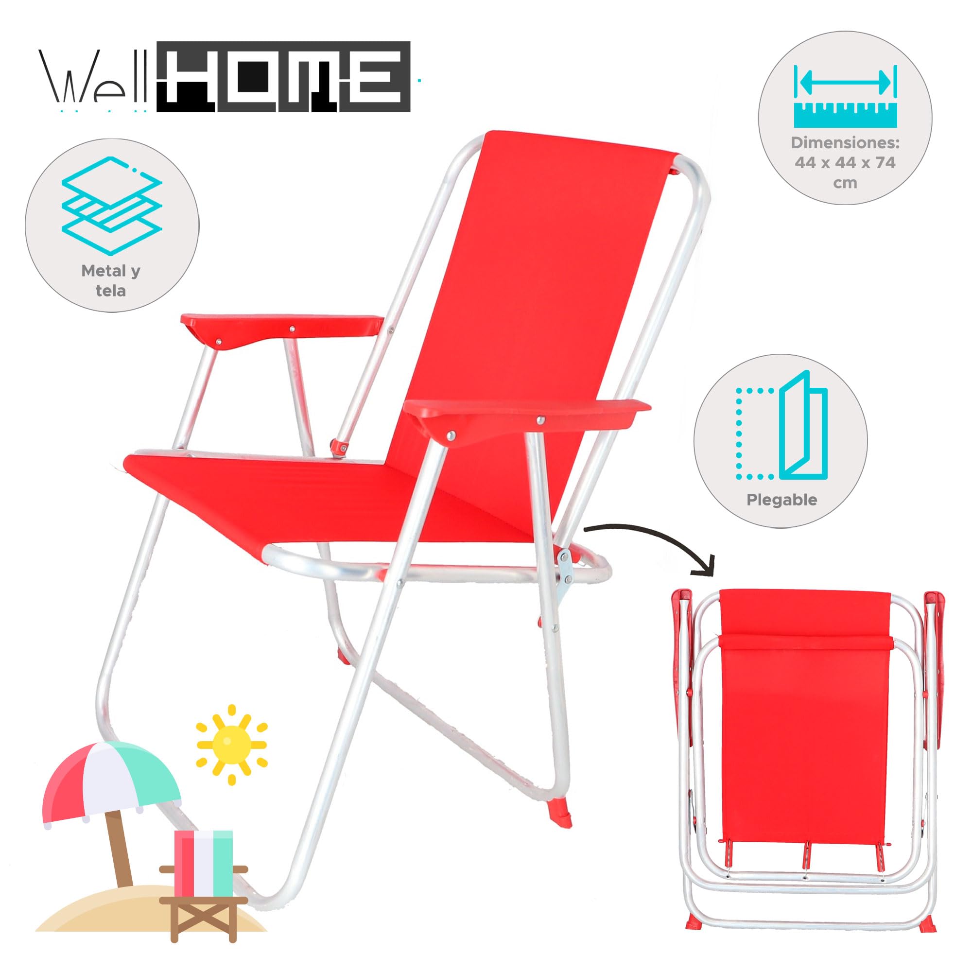 Well Home MOBILIARIO & DECORACIÓN Juego de 2 Sillas de Playa metálica Plegable de Color Rojo 44x44x74cm