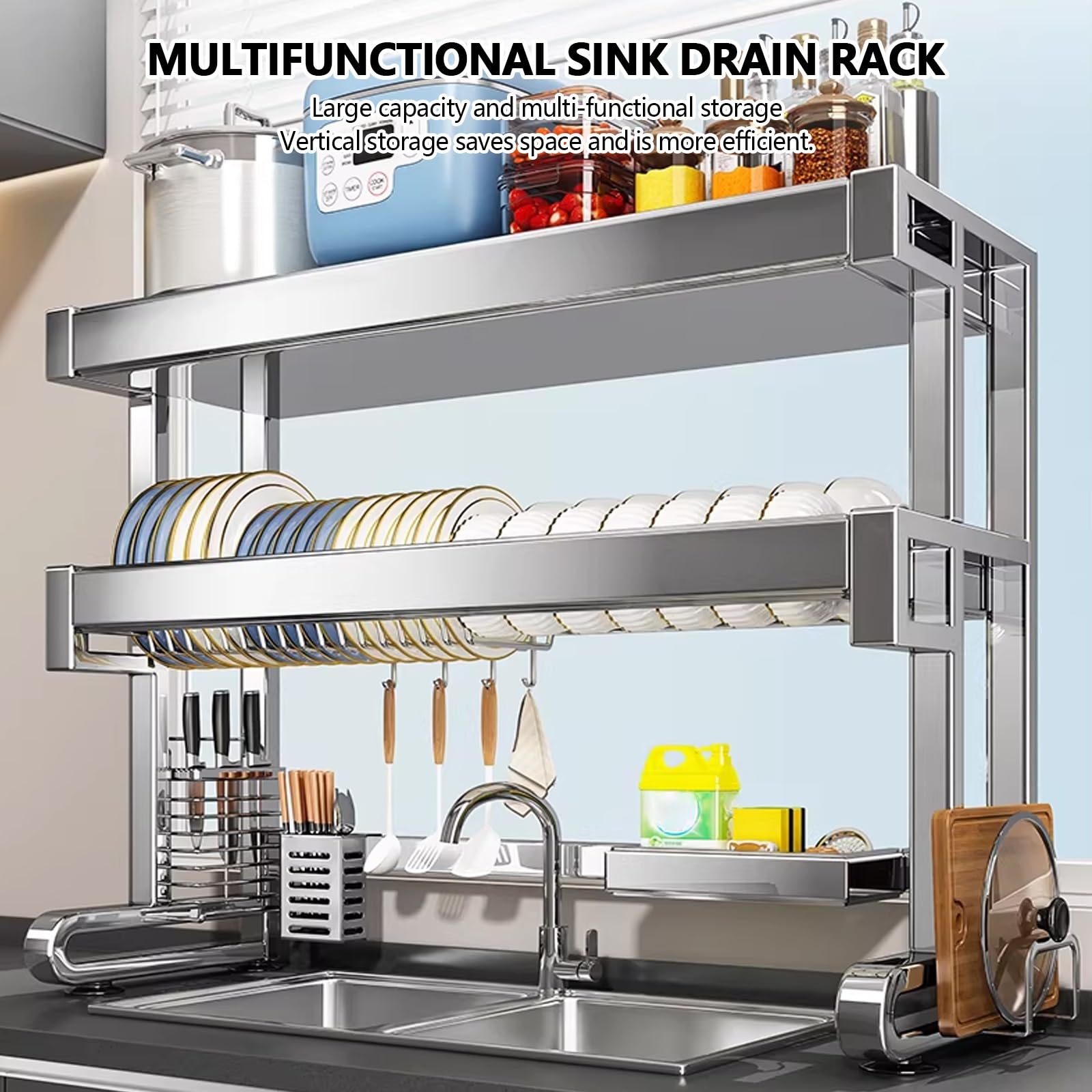 Doble capa Escurridor Platos Cocina organizador, scola piatti da appoggio sopra lavandino, Ahorra espacio Escurre Porta Cubiertos, Cocina cubiertos platos, con ganchos, portacuchillos.(76cm)