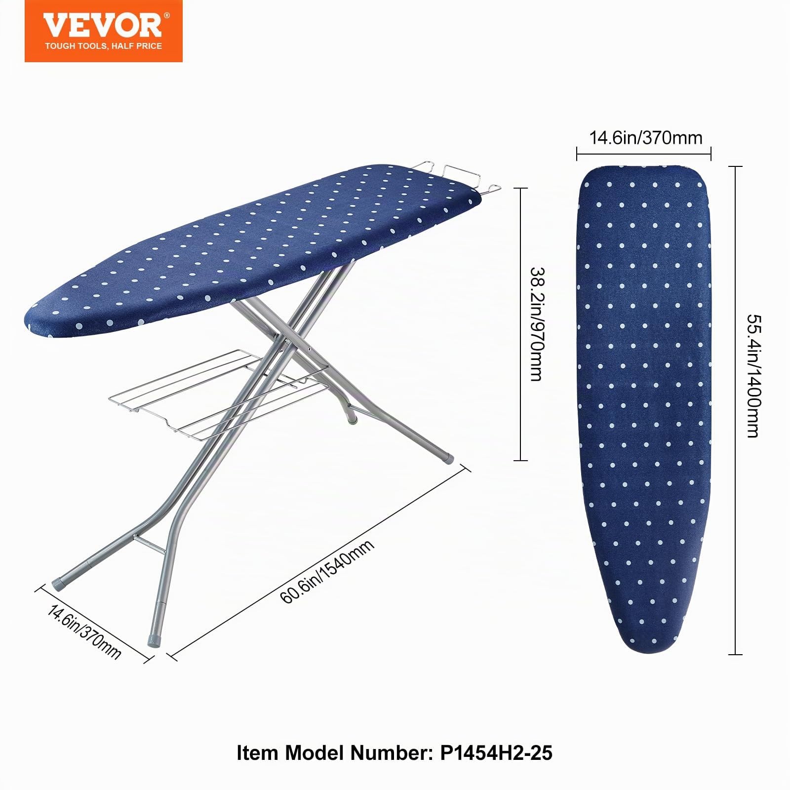 VEVOR Asse da Stiro 140 x 37 cm Asse da Stiro 4 Strati 7 Altezze Regolabili 640-970 mm con Copertura Anti-calore 100% Cotone per Casa Lavanderia Bagno 1540 x 370 x 970 mm, Asse per Stirare Pieghevole
