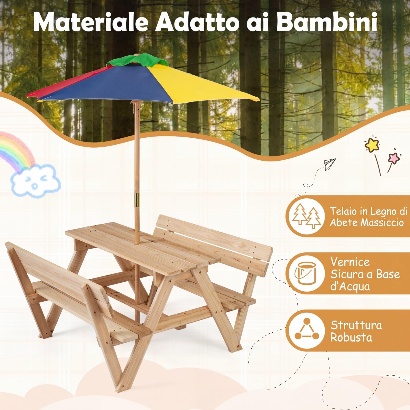 COSTWAY Tavolo da Picnic per Bambini, Set Tavolo e Panche da Giardino con Ombrellone Regolabile in Altezza e Struttura in Legno Massello per Campeggio e Picnic per Bambini 3-8 Anni