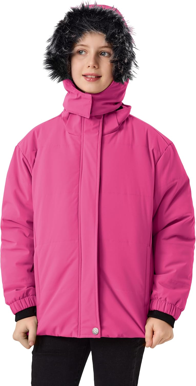 Girls Winter Coats with Removable Hood Waterproof Windproof Warm Fleece Zip Up Outerwear Jackets with Zip Pockets