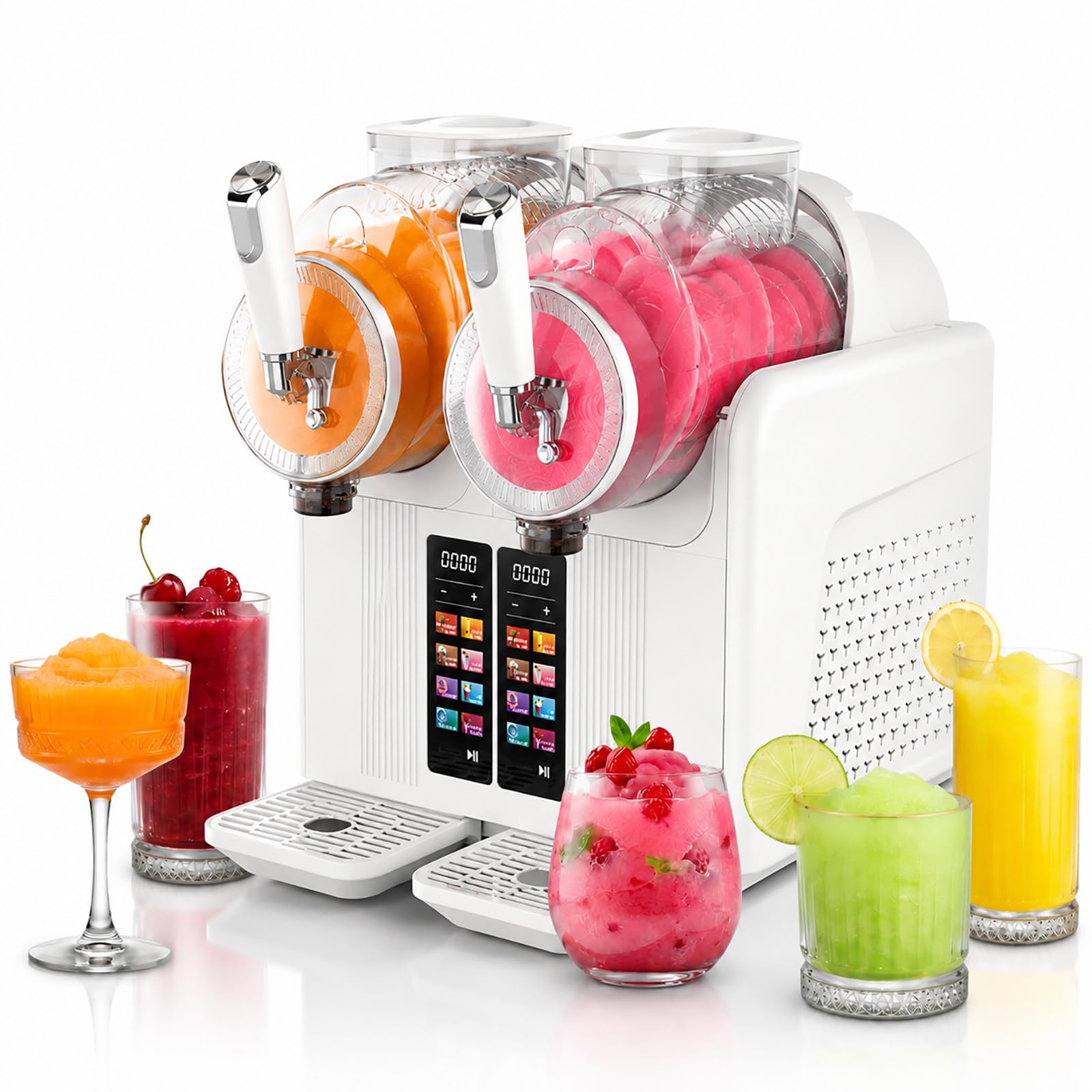 RoyceBee 2 * 2L Slush Machine for Home and Commercial Use, Frozens Beverage Maker, Adjustable Slush Consistency, Automatic Cleaning System, Countertop Frozens Drink Machine for Cafes, Bars White
