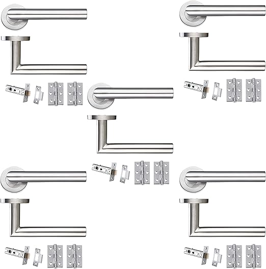 IRONZONE® 5 Sets of Mitred Lever On Rose Latch Door Handle with Hinges and Latches Stainless