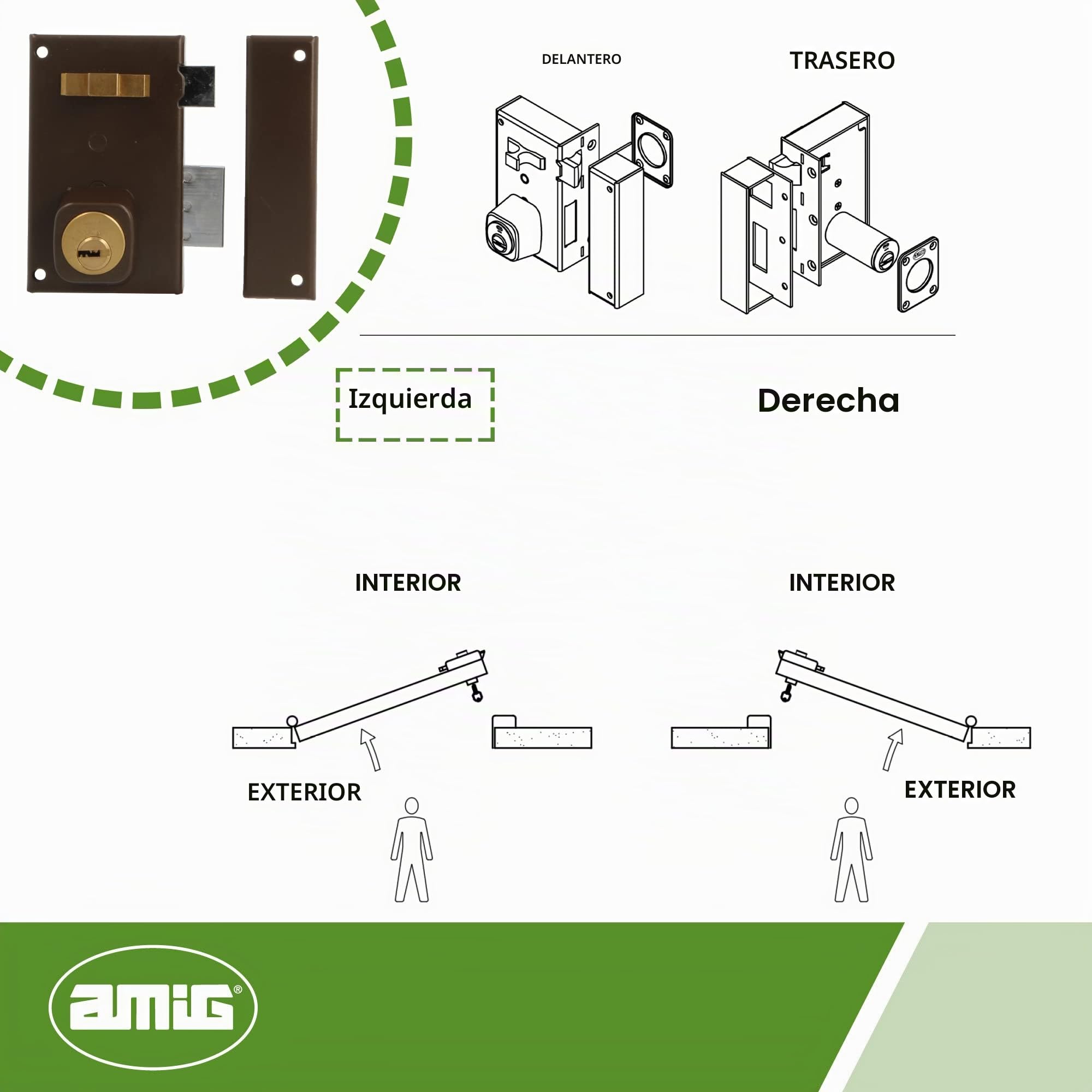 Amig - Cerradura de Sobreponer de Izquierda con Palanca de Cierre - Lengüeta y Tirador para Puertas de Madera - Mod. 75 67 x 112 mm - Cilindro Redondo de Seguridad - Acero - Marrón
