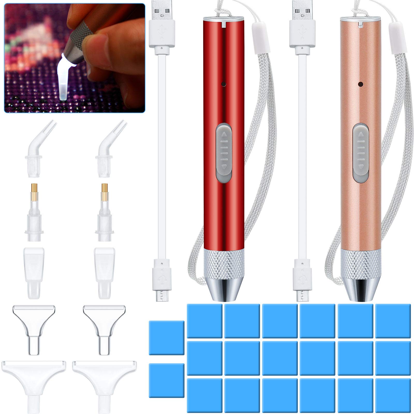 2 Stylos Peinture Diamant LED 5D Rechargeables USB Avec 10 Têtes Et 20 Argiles Colle