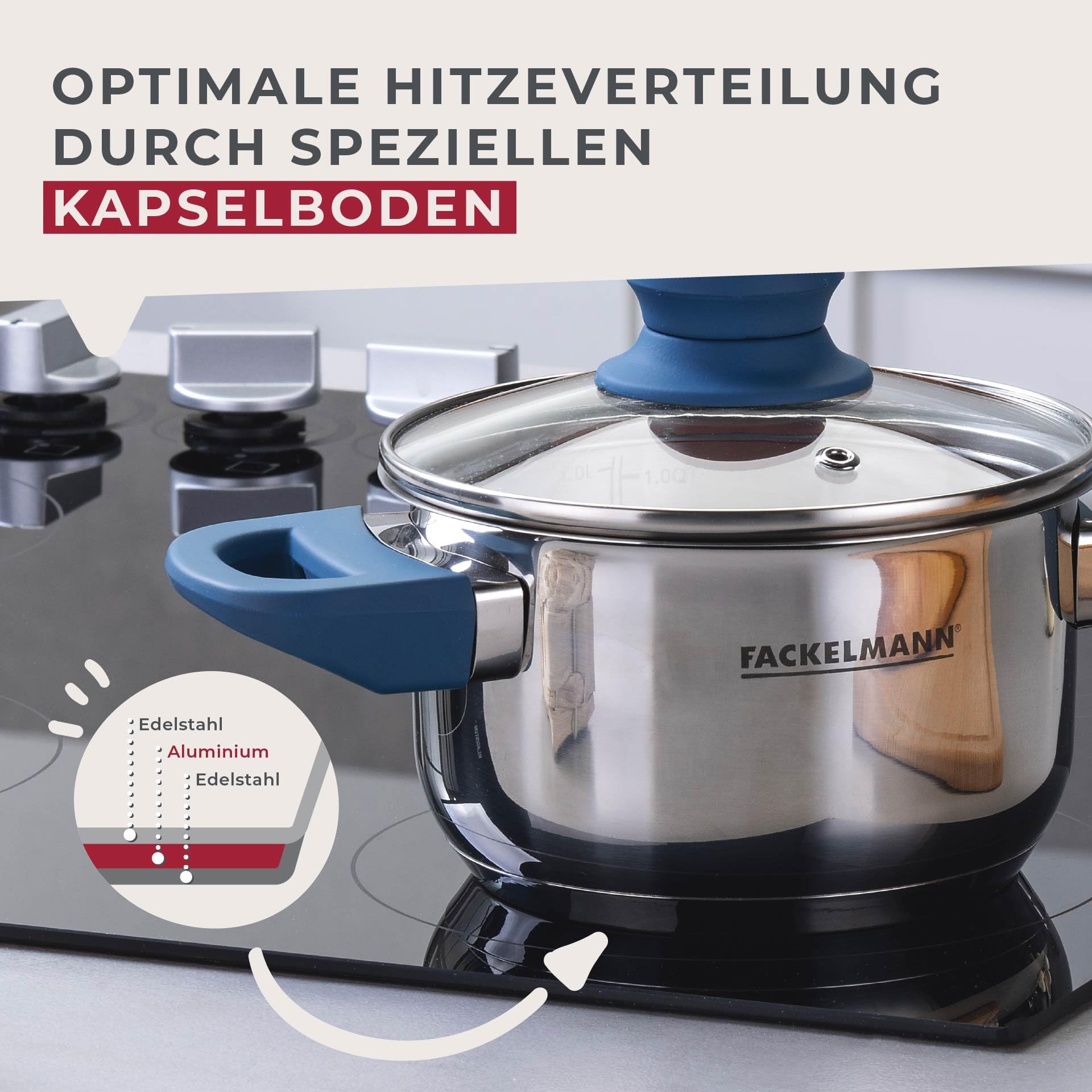 FACKELMANN Garnek Essential średnica 14 cm ze stali nierdzewnej, ciemnoniebieskie uchwyty bakelitowe, energooszczędne dno kapsułki, w zestawie szklana pokrywka