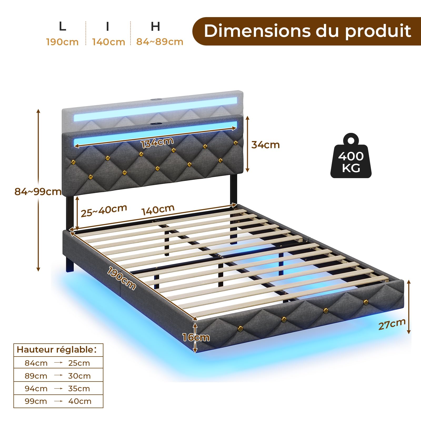 DICTAC Lit 140x190 avec LED, Cadre de lit 140 x 190cm avec Éclairage LED et 1 USB-A + 1 USB-C, Tête de Lit Réglable et Rembourrée - Lit Flottant avec Sommier, Capitonnage Lin Gris
