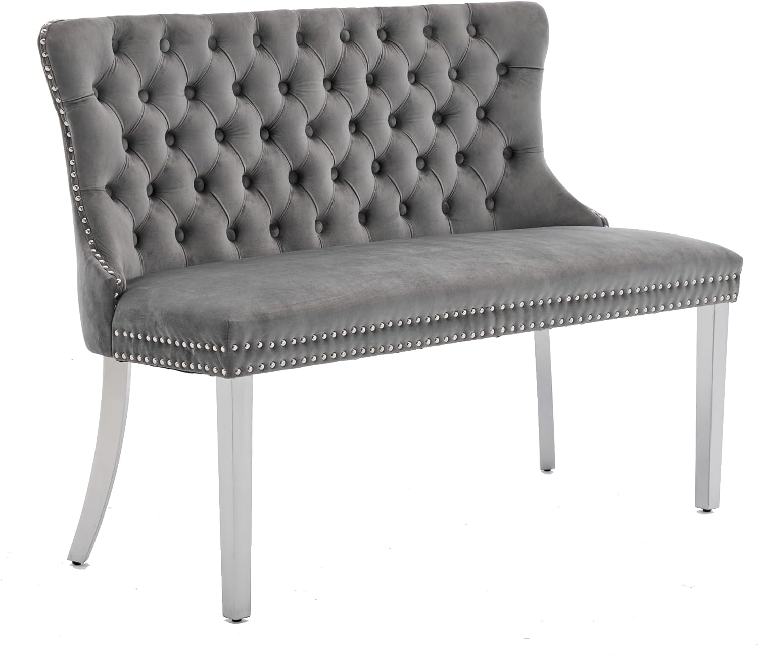 Modern Velvet Double Dining Loveseat Bench, 2 - Seat Tufted Wingback Bench with Handmade Buttons, Gold - Plated Steel Legs, Upholstered Armless Dining & Living Room Seating (Gray+Silver)