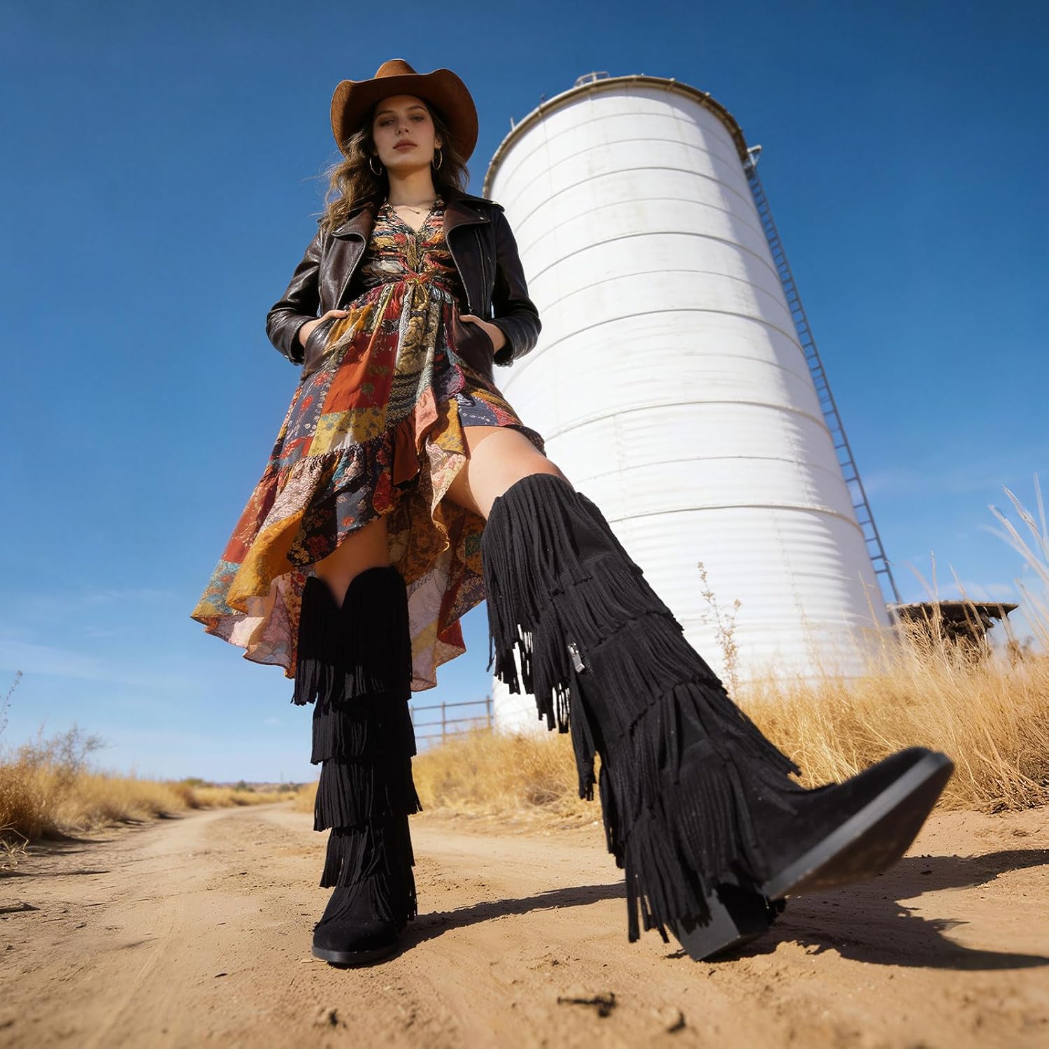 Lyrisiphy Cowboy Boots for Women 5 Layer Fringe Knee High Western Cowgirl Boots with Pointed Toe Chunky Heel Tall Boots for Party, Concert and Dating - Image 2