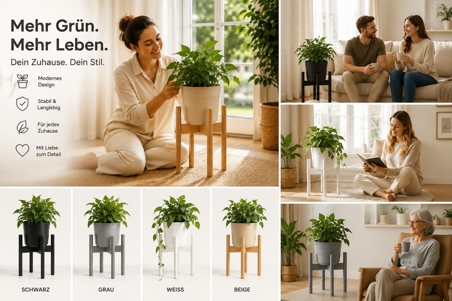 Rubberneck 2er Set Bambus Pflanzenständer - Verstellbare Blumentopfständer aus Bambusholz für den Innen- und Außenbereich - Beige | Blumentopfständer, 38 cm Höhe, 2 Höhenstufen per Drehung, Ø bis 30 cm, innen & außen, BPA-frei, Blumenständers, 2 Stück