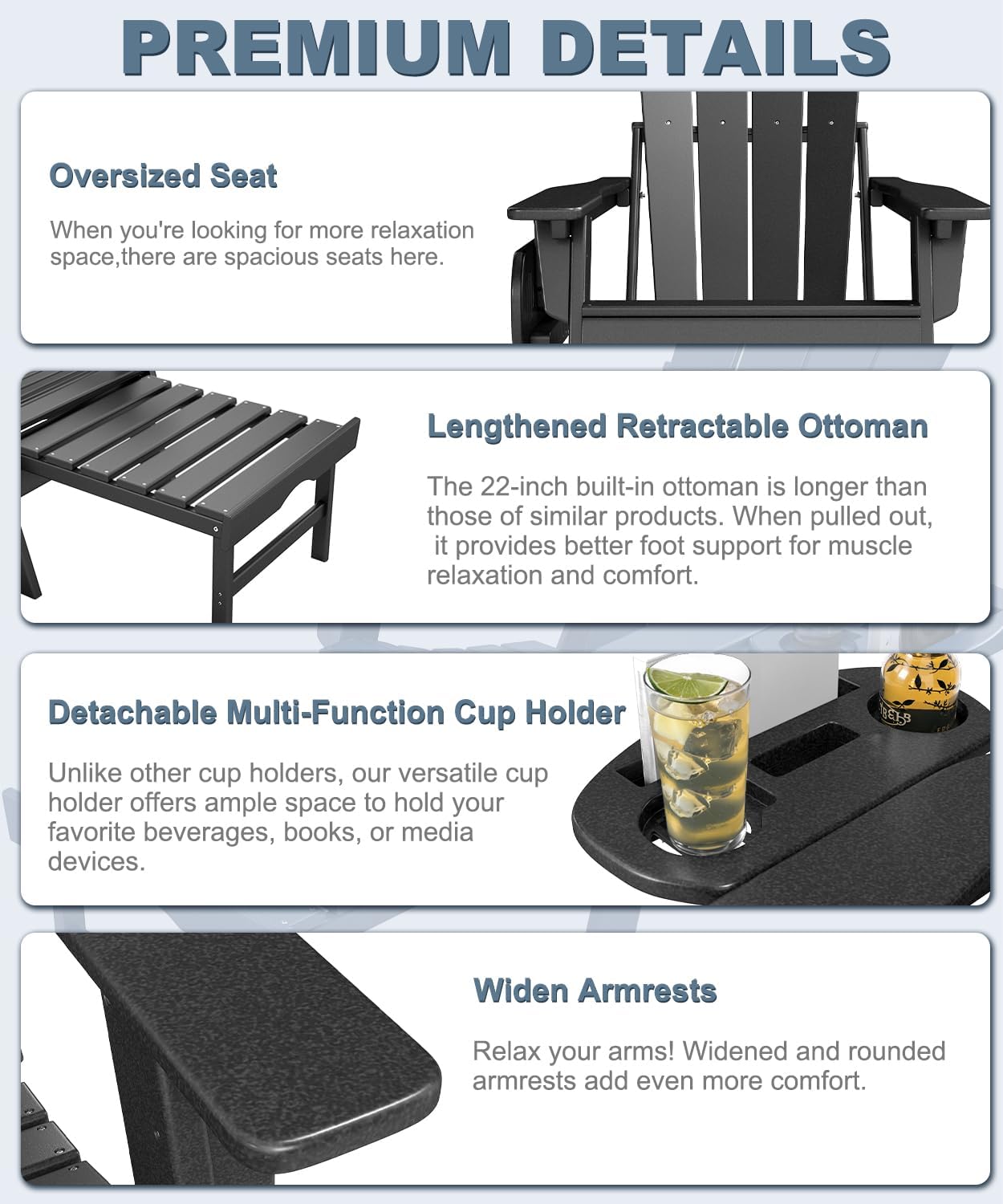 Adjustable Adirondack Chair with Retractable Ottoman Set of 2, HDPE Folding Adirondack Chair with Cup Holder, All Weather Fire Pit Chair for Outdoor.