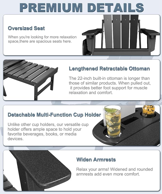 NAVINE Adjustable Adirondack Chair Set of 2 with Retractable Ottoman, Black image 6