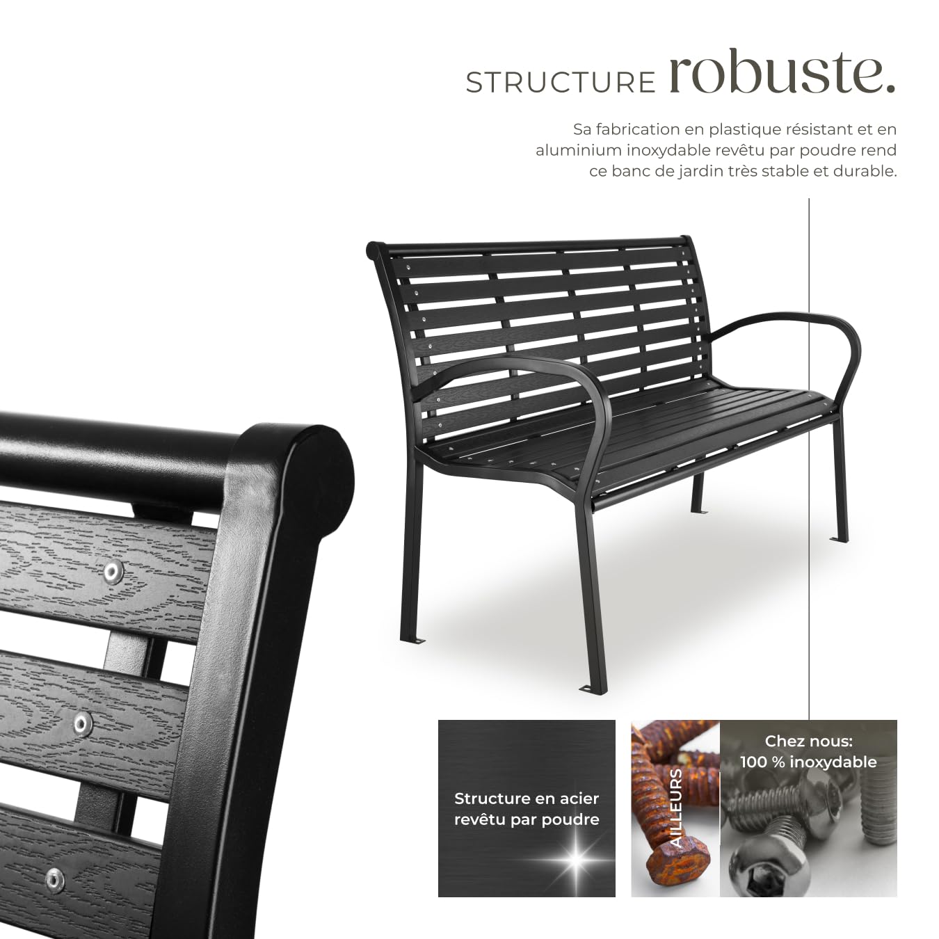 tectake® Banc de Jardin Solide en Bois Naturel laqué et Acier, Banquette de Jardin Banc Noir Résistant aux intempéries, Mobilier pour Amenagement Balcon Terrasse Veranda Pergola