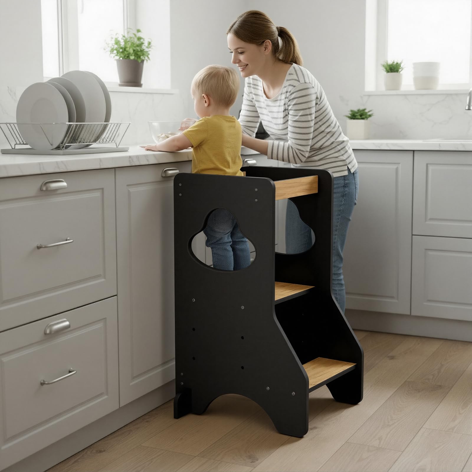 COSYLAND Tour d Observation Montessori Réglable en Hauteur pour Enfants de 18 Mois à 6 Ans, Chaise d Apprentissage Sécurisée en Bois, Design Moderne et Stable, Idéale pour Bébé - Noir/Naturel