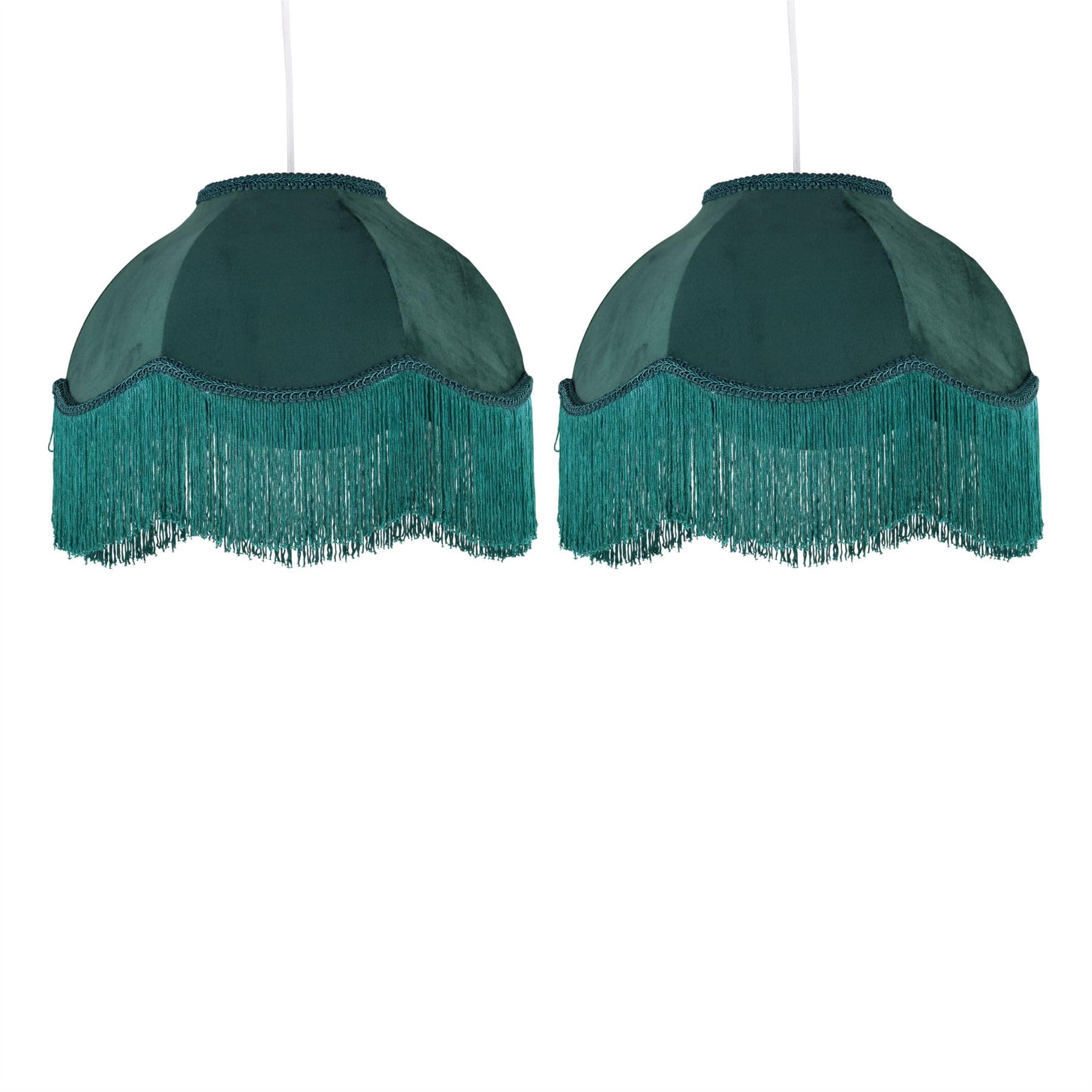 2x Dark Green Velvet Fringed Lamp Shades - Vintage Design Pendant Light Covers - 18cm Height x 35cm Diameter